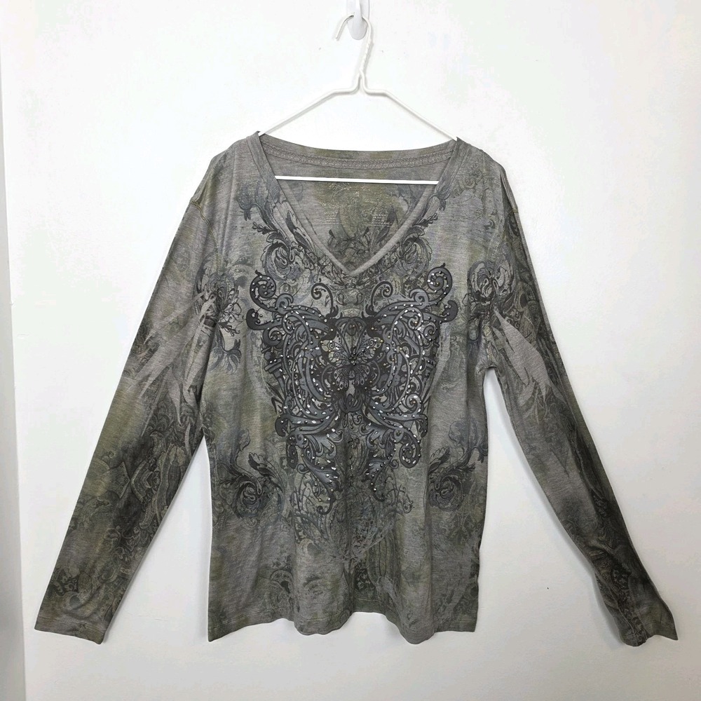 Greensource Gray Beaded Patterned Y2K Grunge Studded Long‎ Sleeve Shirt Size XL